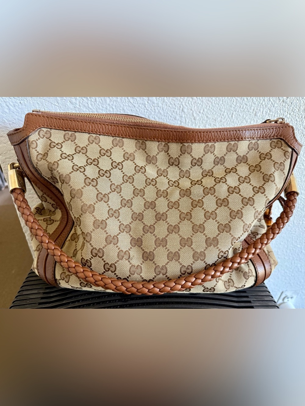 Gucci Beige and Brown Monogram Bella Tote shoulder bag with Braided Handle